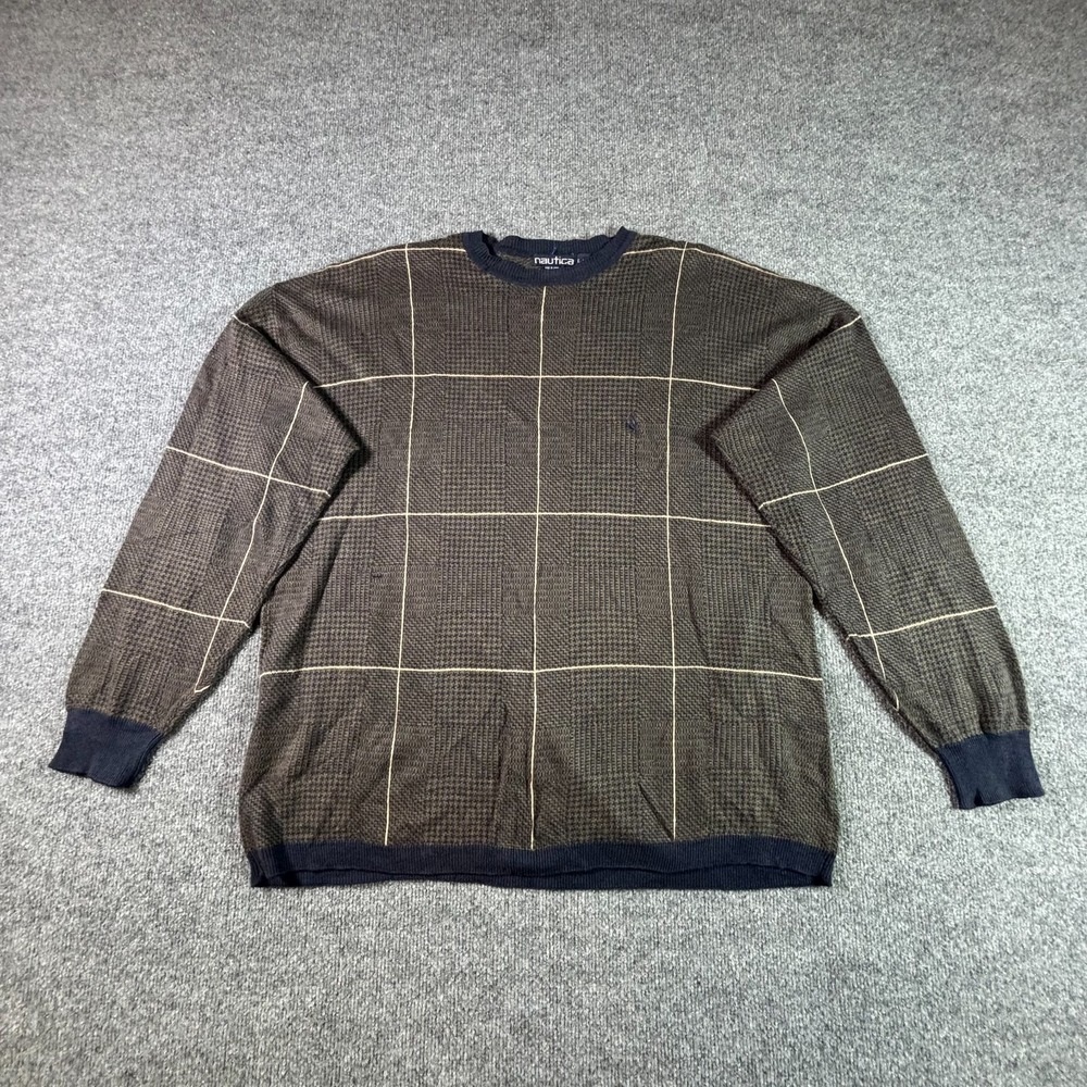 Nautica Men's L Brown Rayon Cotton Tight-Knit Plaid Crew Neck Pullover Sweater